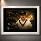 Sir Donald Bradman cricket wall art in a clean white frame with black matting and premium gold detailing.
