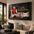 Kevin Harvick Six Thousandths wall art displayed in a warm modern living room above a neutral sofa.