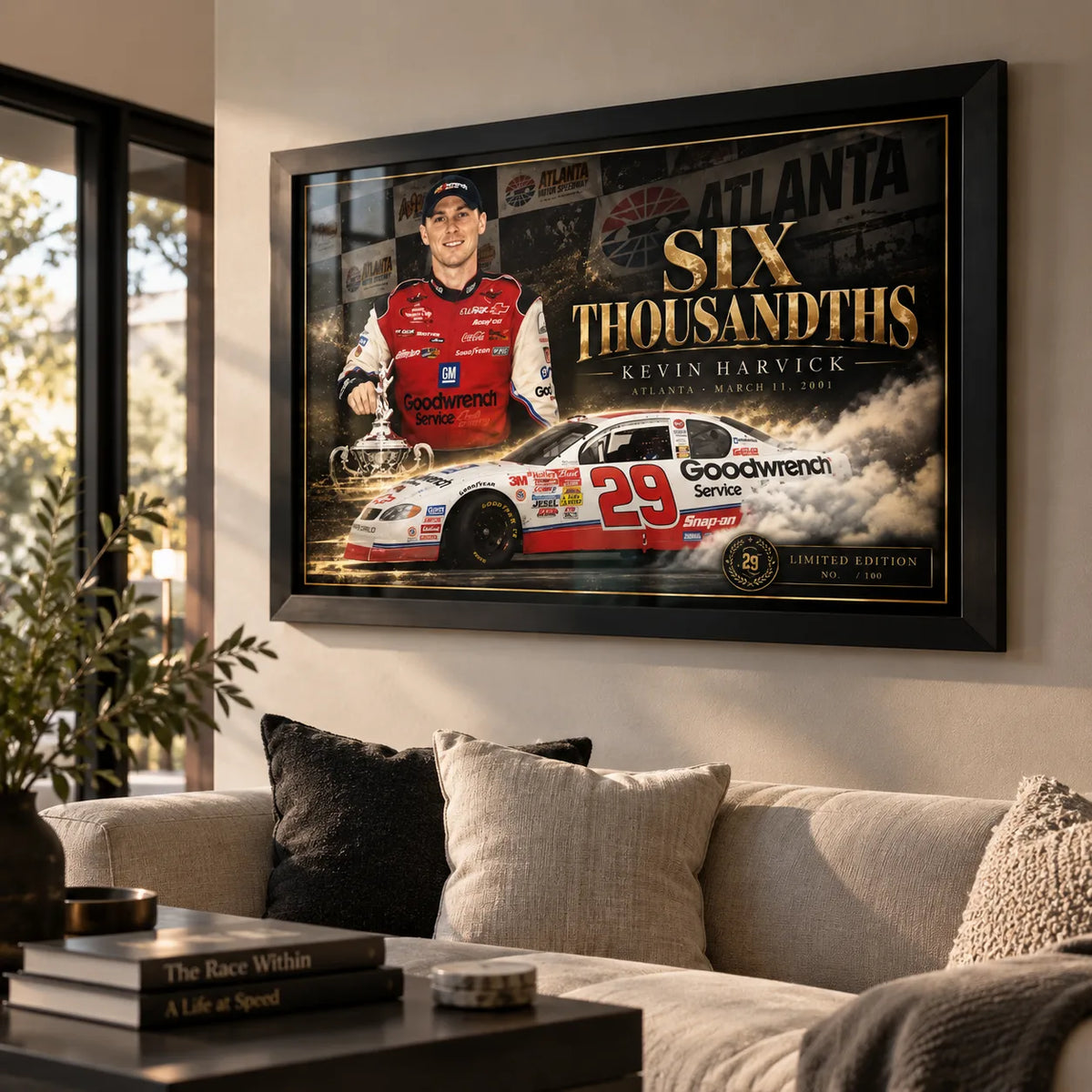 Kevin Harvick Six Thousandths wall art displayed in a warm modern living room above a neutral sofa.