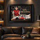 Kevin Harvick Six Thousandths wall art displayed in a dark motorsport man cave above a leather sofa.