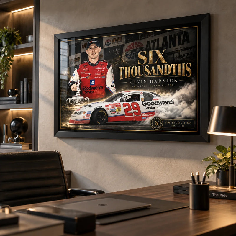 Kevin Harvick Six Thousandths NASCAR wall art displayed in a modern office above a dark timber desk.