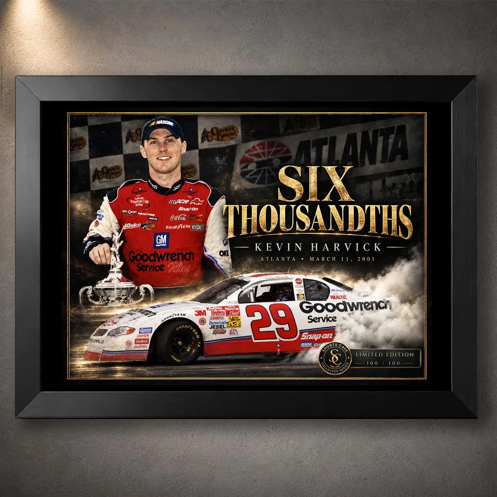 Black framed Kevin Harvick Six Thousandths NASCAR wall art featuring the No. 29 Goodwrench race car tribute design.