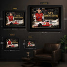 Kevin Harvick Six Thousandths wall art size guide showing Small, Medium, Large and X Large framed dimensions.