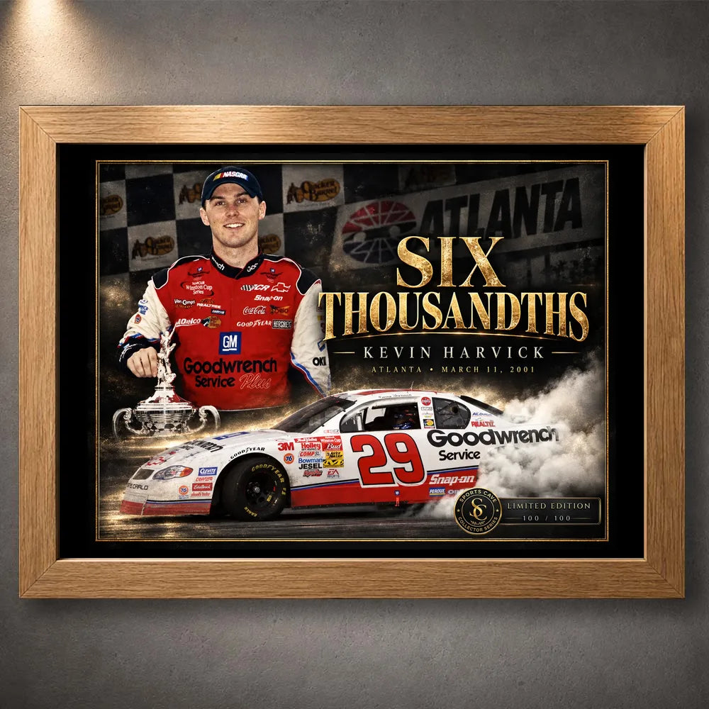 Oak framed Kevin Harvick Six Thousandths NASCAR wall art featuring the No. 29 Goodwrench motorsport design.