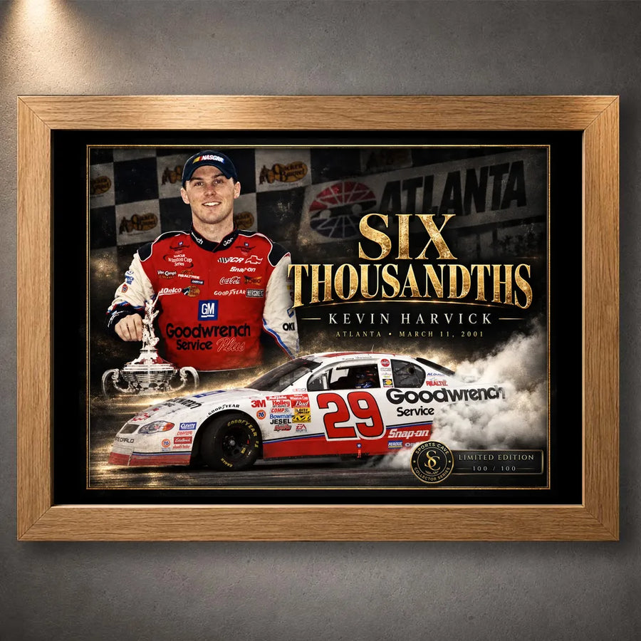 Oak framed Kevin Harvick Six Thousandths NASCAR wall art featuring the No. 29 Goodwrench motorsport design.