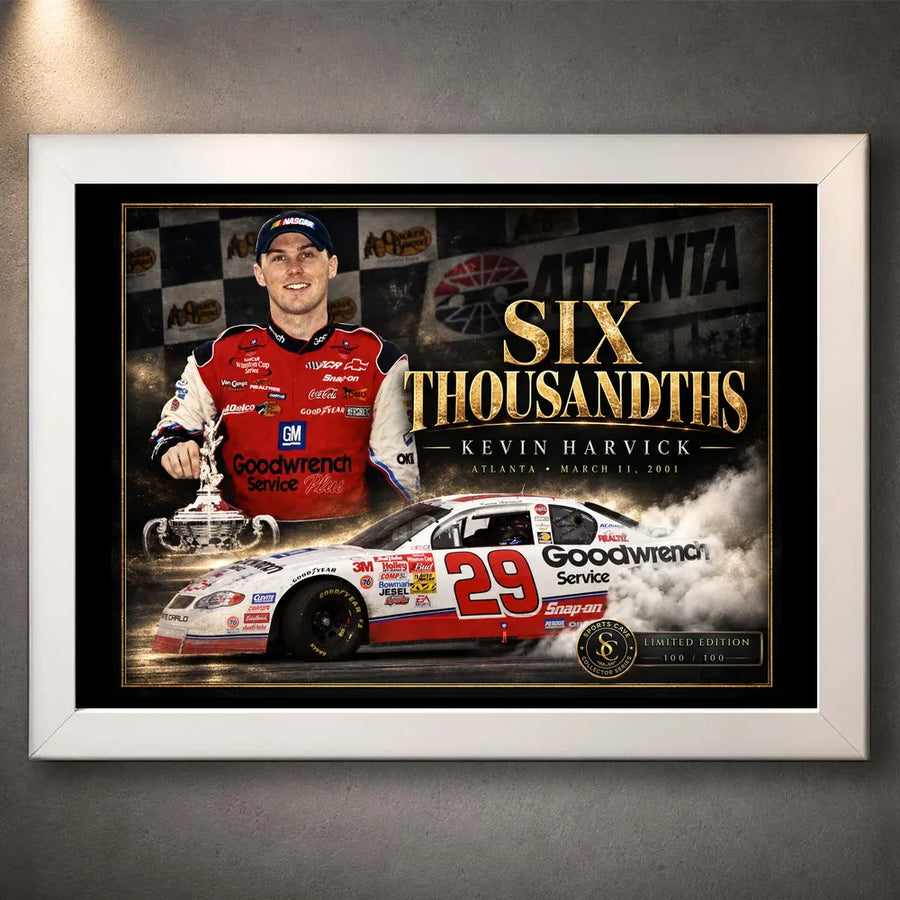 White framed Kevin Harvick Six Thousandths NASCAR wall art featuring the No. 29 Goodwrench motorsport design.