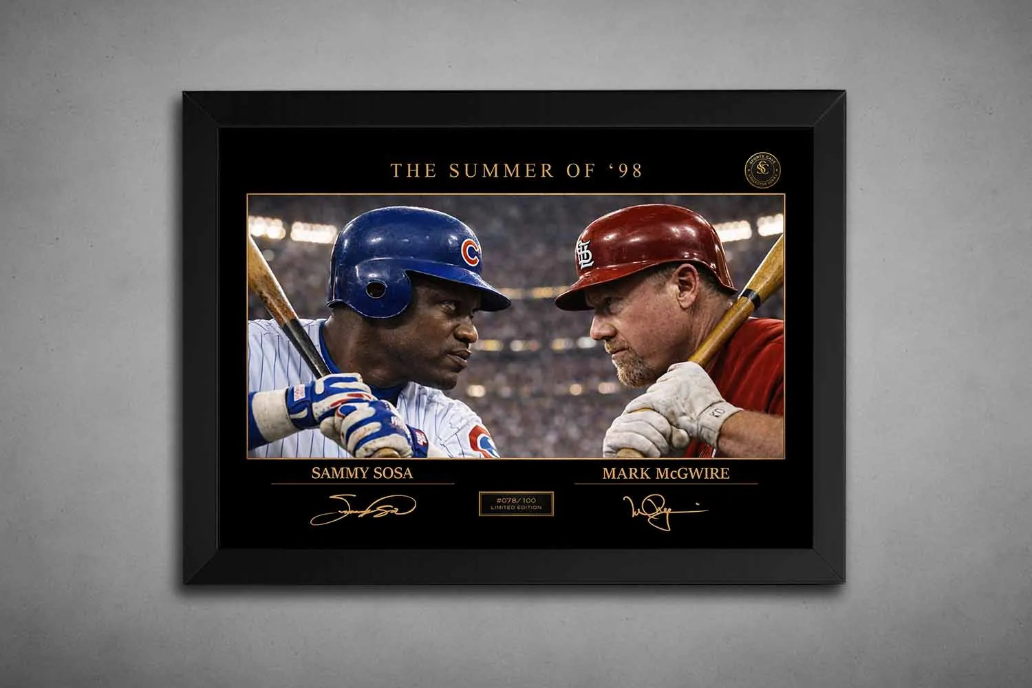 A black frame showcases Sammy Sosa and Mark McGwire in the Summer of ’98 rivalry, premium sports collectibles for fans.