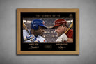 An oak frame highlights the Summer of ’98 Sosa vs. McGwire artwork, framed sports memorabilia for baseball collectors.