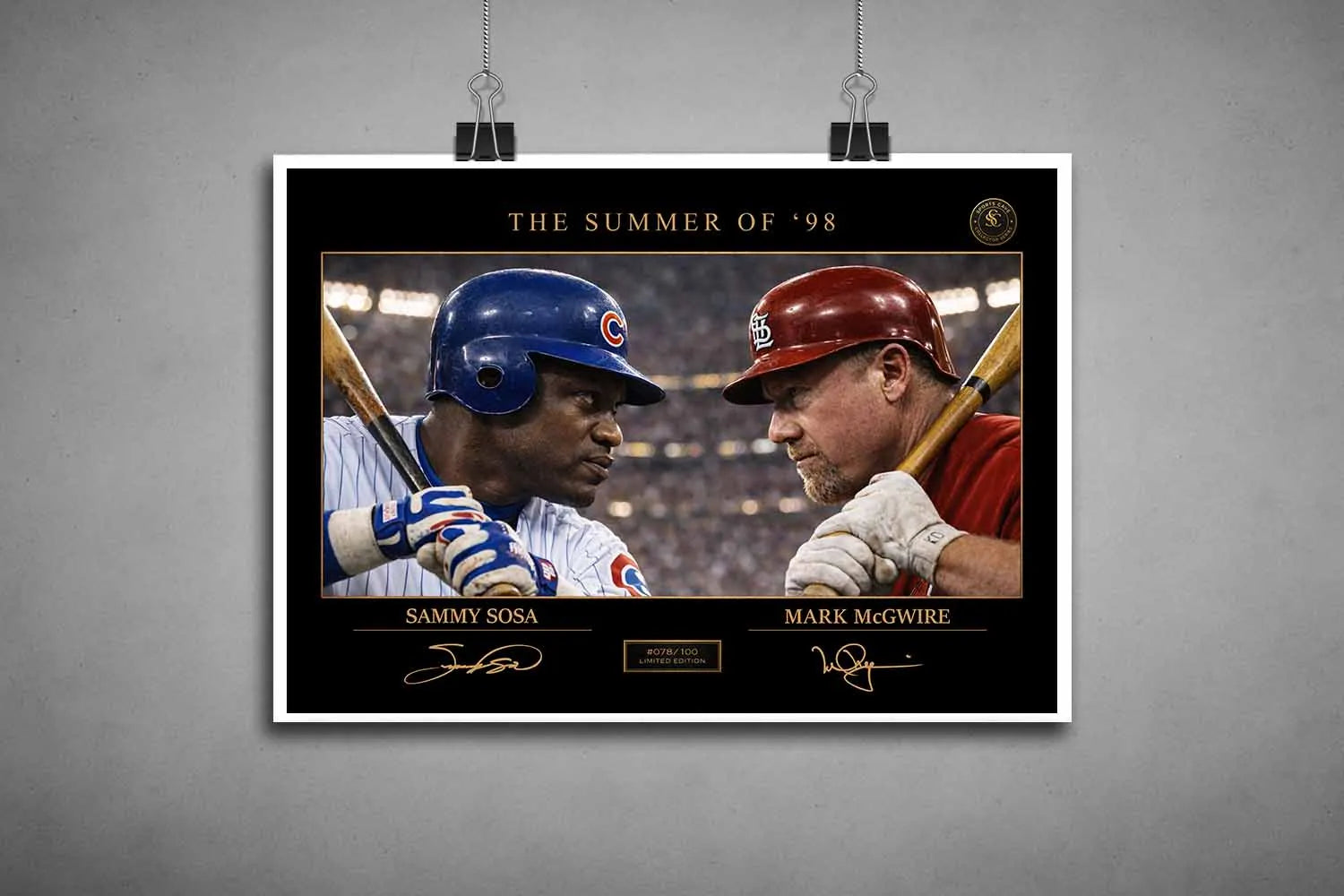 Unframed Summer of ’98 artwork featuring Sammy Sosa and Mark McGwire, limited edition sports prints for collectors.
