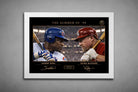 White frame presentation of Sammy Sosa and Mark McGwire’s iconic Summer of ’98 rivalry, framed sports art for display.