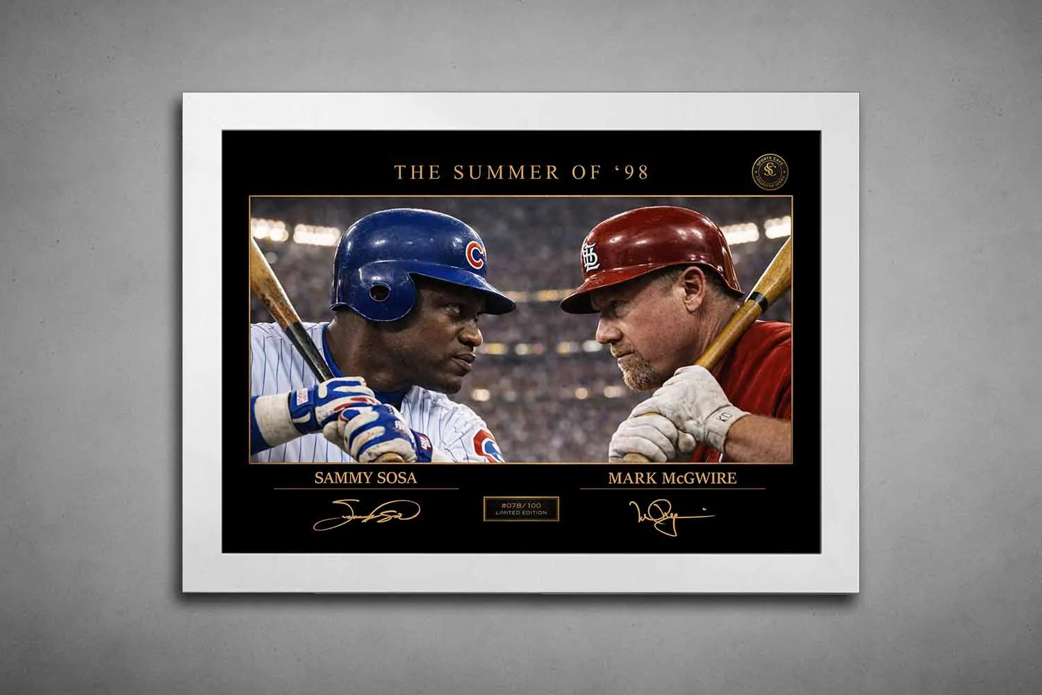 White frame presentation of Sammy Sosa and Mark McGwire’s iconic Summer of ’98 rivalry, framed sports art for display.