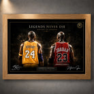 Kobe Bryant vs Michael Jordan NBA wall art in oak frame for man cave collectors