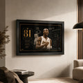 Kobe Bryant 81-point game wall art in a black frame displayed in a warm modern living room