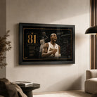 Kobe Bryant 81-point game wall art in a black frame displayed in a warm modern living room