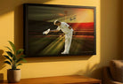 Shane Warne cricket wall art in a warm golden living room, premium framed sports wall art for fans.