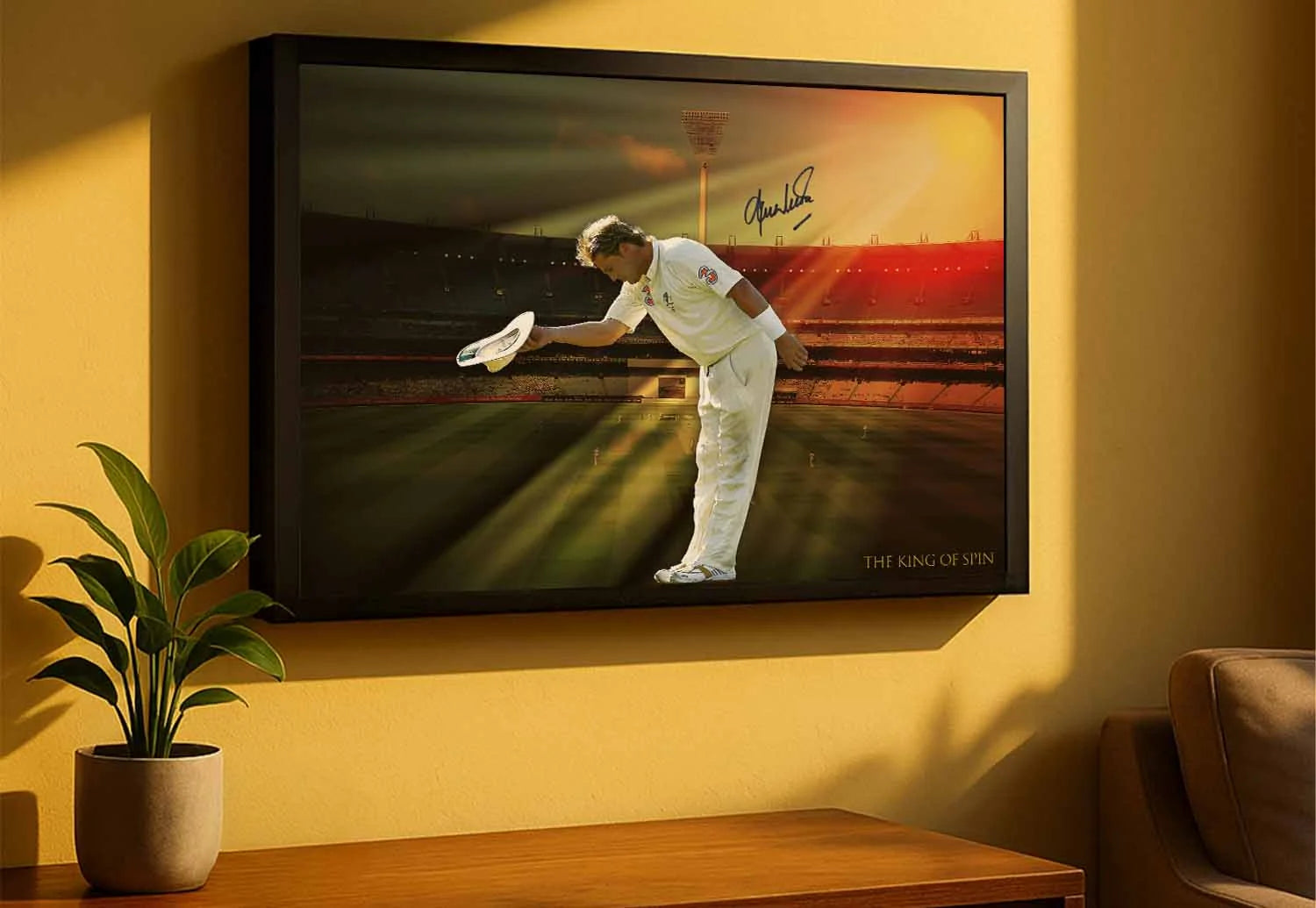 Shane Warne cricket wall art in a warm golden living room, premium framed sports wall art for fans.