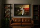 Shane Warne framed sports wall art displayed above a leather man-cave sofa, premium cricket memorabilia.
