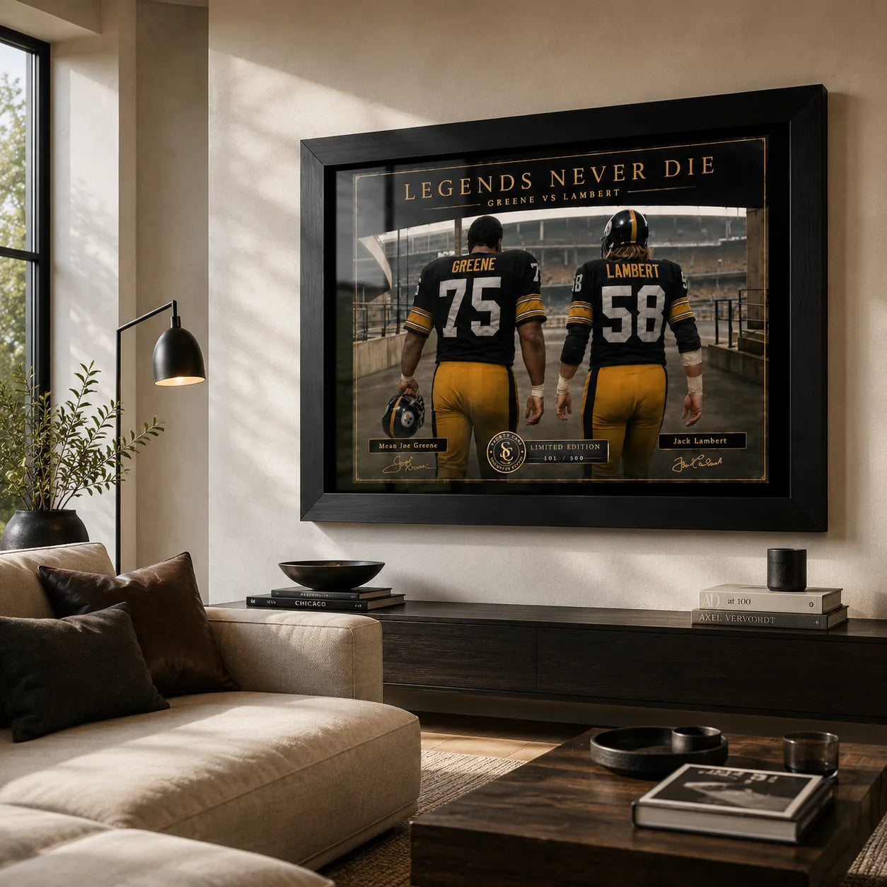 Greene and Lambert NFL wall art displayed in a bright modern living room with a black frame.