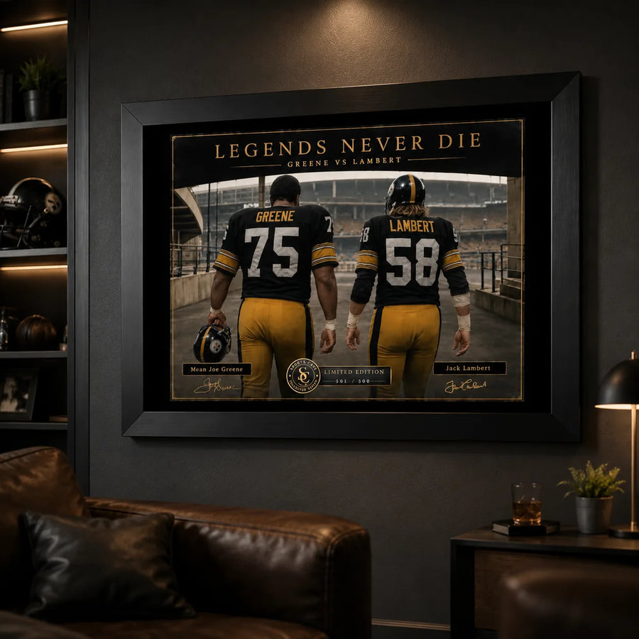 Greene and Lambert NFL wall art displayed in a dark man cave setting with a black frame.