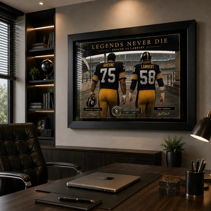 Greene and Lambert NFL wall art displayed in a modern office with a black frame above the desk.