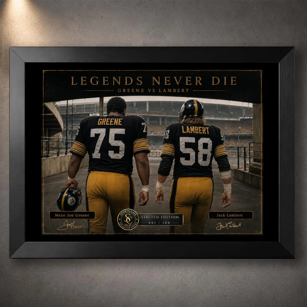 Black framed Mean Joe Greene and Jack Lambert NFL wall art with the Legends Never Die collector design.