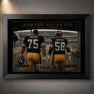 Black framed Mean Joe Greene and Jack Lambert NFL wall art with the Legends Never Die collector design.
