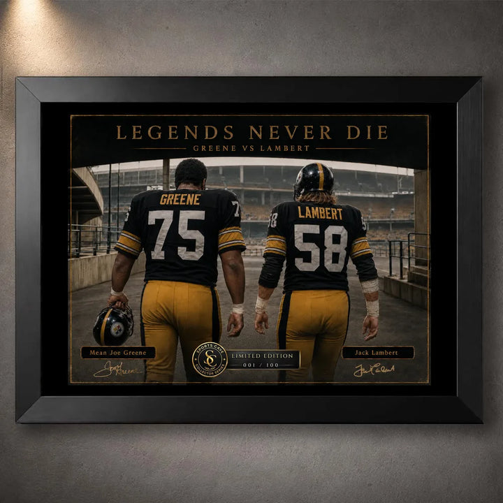 Black framed Mean Joe Greene and Jack Lambert NFL wall art with the Legends Never Die collector design.