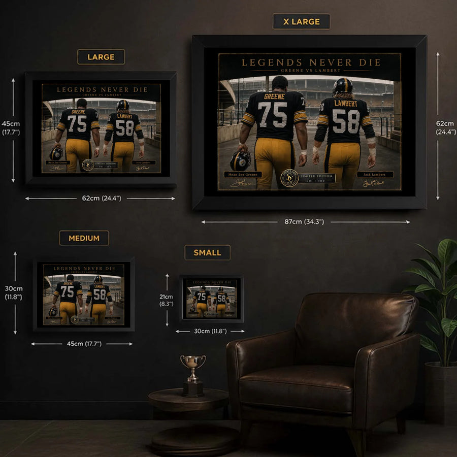 Greene and Lambert NFL wall art size guide showing the available framed dimensions from small to XL.