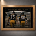 Oak framed Mean Joe Greene and Jack Lambert NFL wall art featuring the Legends Never Die design.