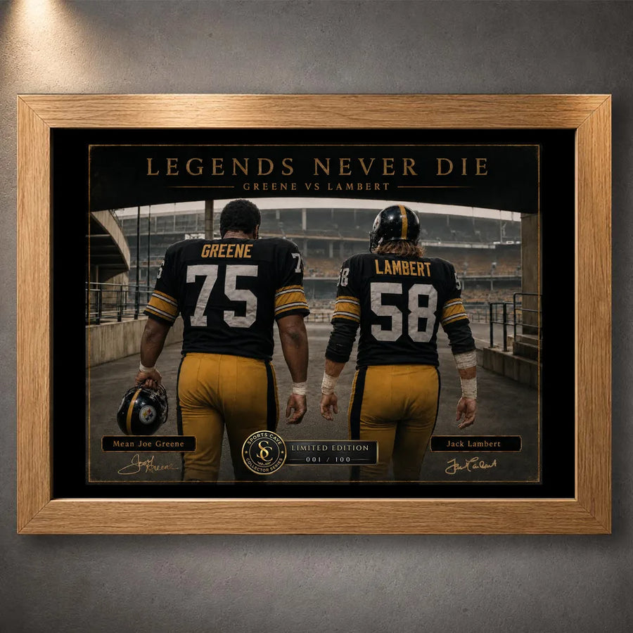 Oak framed Mean Joe Greene and Jack Lambert NFL wall art featuring the Legends Never Die design.
