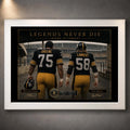 White framed Mean Joe Greene and Jack Lambert NFL wall art featuring the Legends Never Die design.