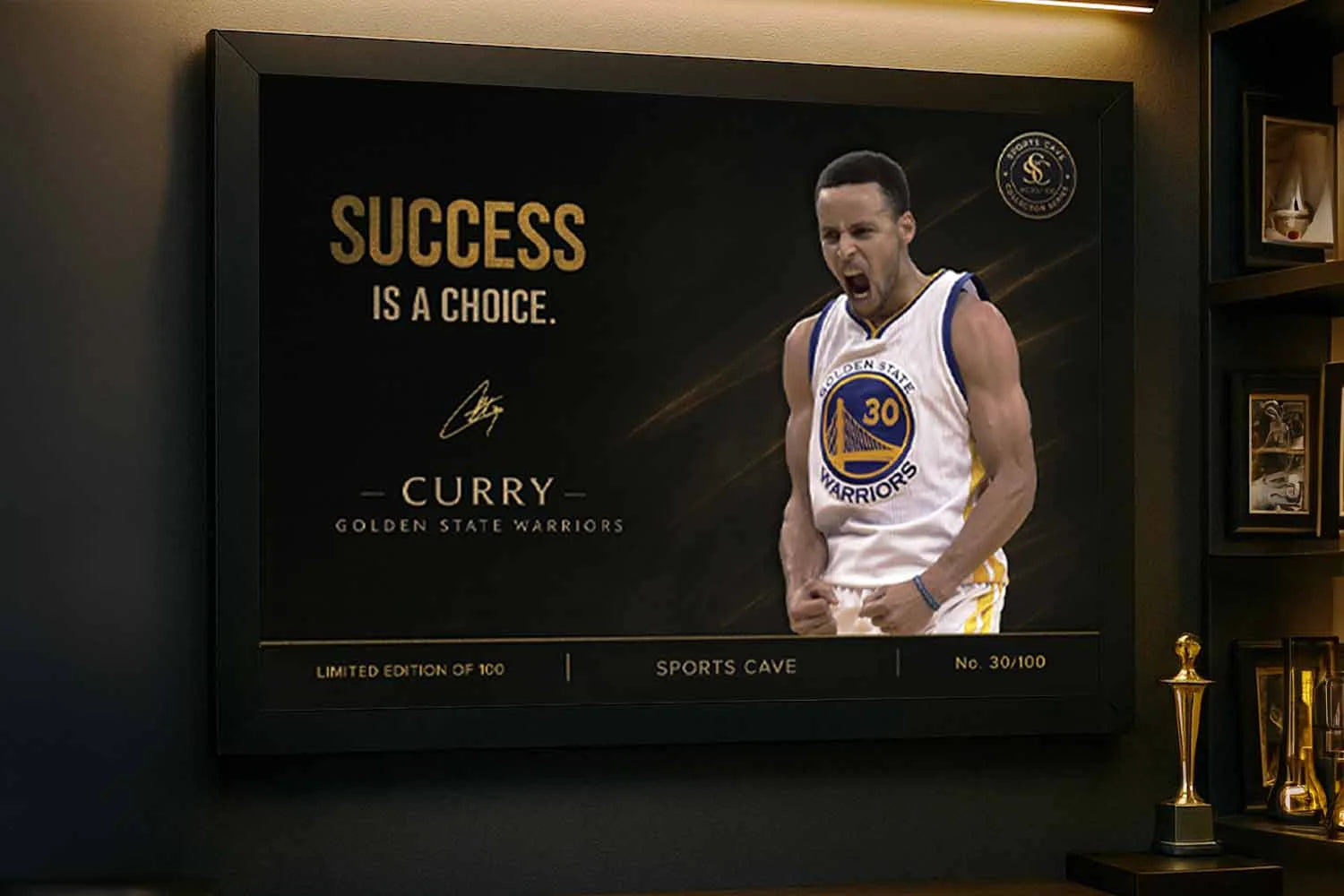 Stephen Curry success is a choice wall art displayed in premium sports collector room with trophies – NBA wall art by Sports Cave