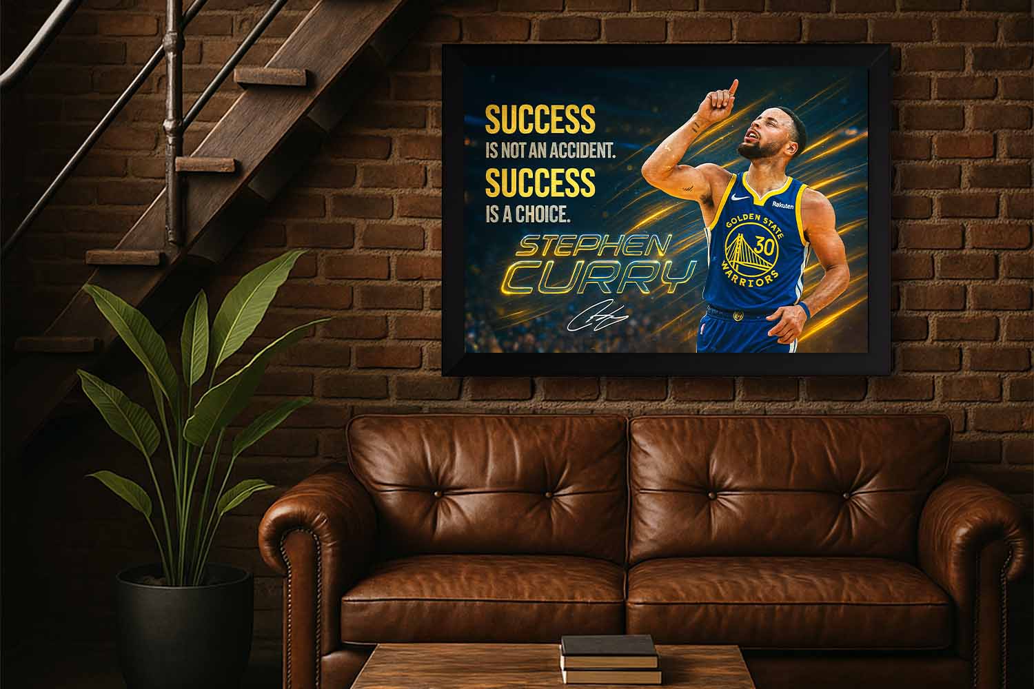 Framed Stephen Curry motivational wall art in a cozy man cave, featuring Golden State Warriors design from www.sportscaveshop.com.