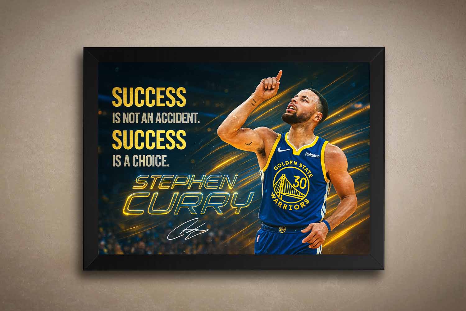 Framed Stephen Curry wall art featuring motivational quote, Warriors jersey, and Curry pointing upward in celebration.