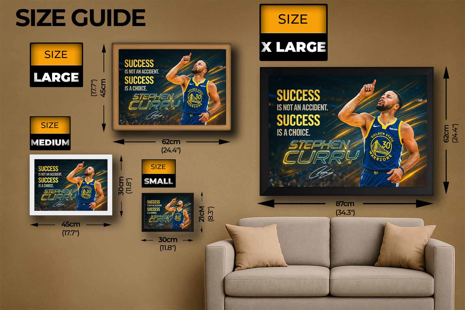 Stephen Curry motivational framed wall art in four sizes, premium NBA decor from www.sportscaveshop.com for true Golden State fans.