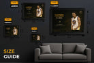 Stephen Curry success is a choice sports wall art size guide showing small medium large and extra large framed prints above sofa