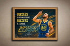 Stephen Curry oak framed inspirational wall art print in Golden State Warriors jersey, available at www.sportscaveshop.com.