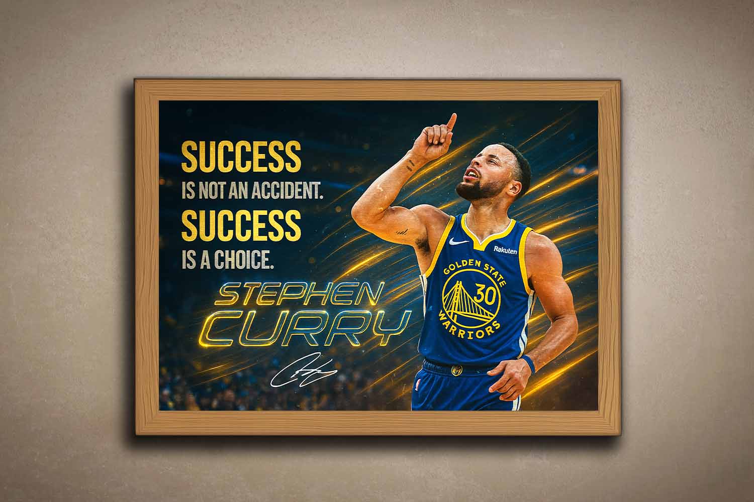 Stephen Curry oak framed inspirational wall art print in Golden State Warriors jersey, available at www.sportscaveshop.com.