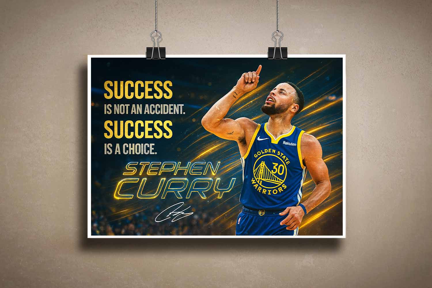 Stephen Curry poster inspirational wall art print in Golden State Warriors jersey, available at www.sportscaveshop.com.