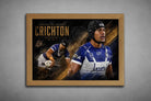 Stephen Crichton rugby artwork in oak frame, premium sports collectibles style with rich tones and powerful game moment