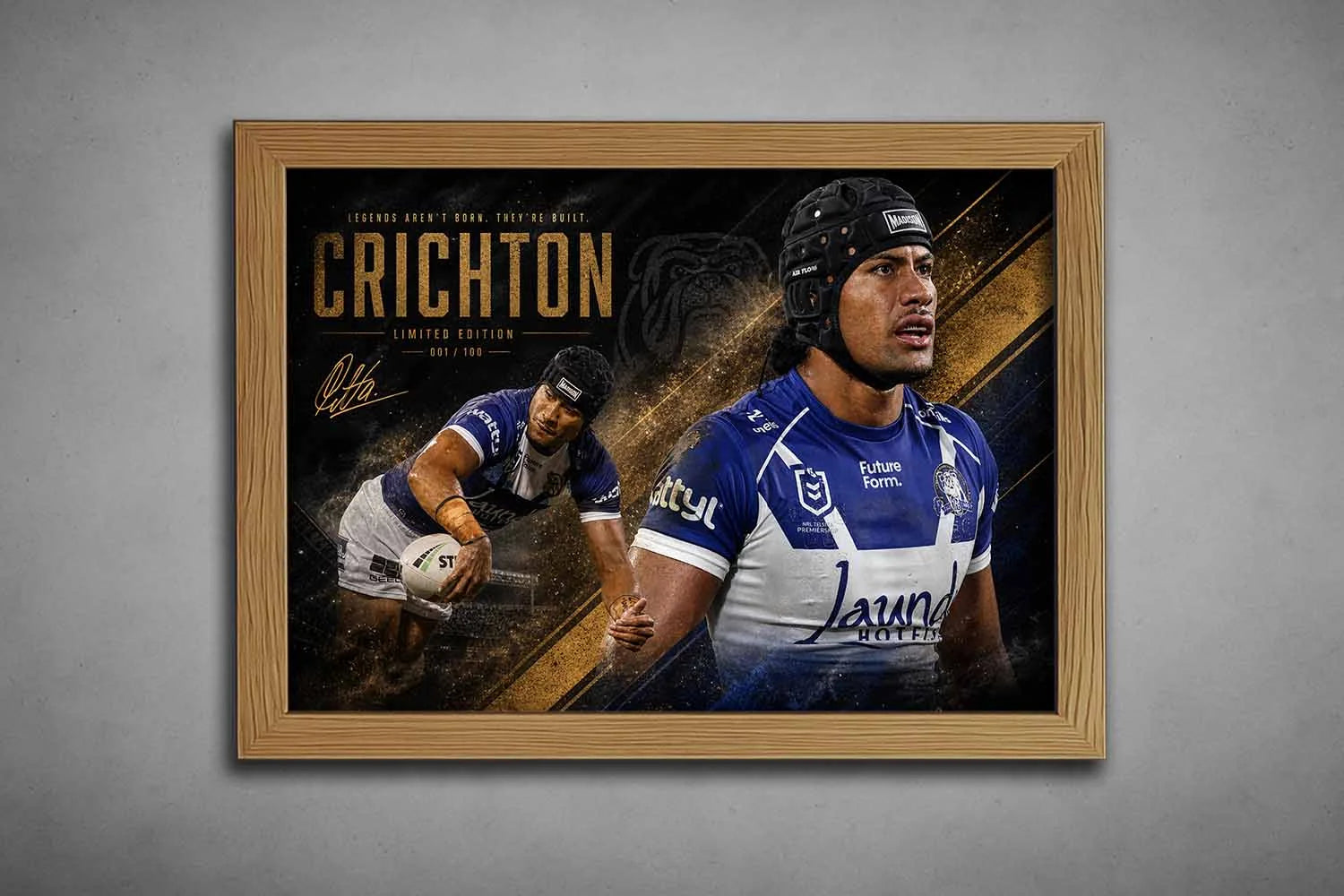 Stephen Crichton rugby artwork in oak frame, premium sports collectibles style with rich tones and powerful game moment