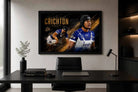 Stephen Crichton rugby framed sports wall art in minimal office setup, clean interior with modern desk and decor styling