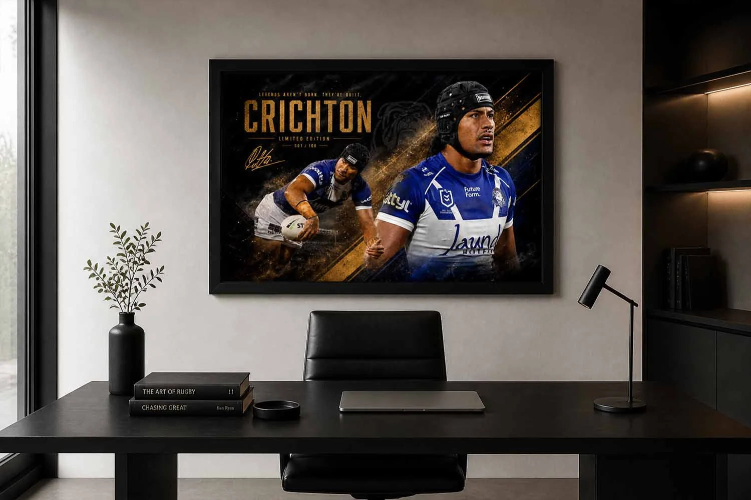 Stephen Crichton rugby framed sports wall art in minimal office setup, clean interior with modern desk and decor styling