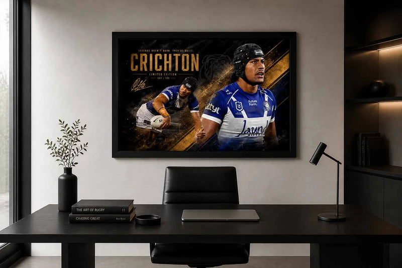 Stephen Crichton rugby framed sports wall art in minimal office setup, clean interior with modern desk and decor styling