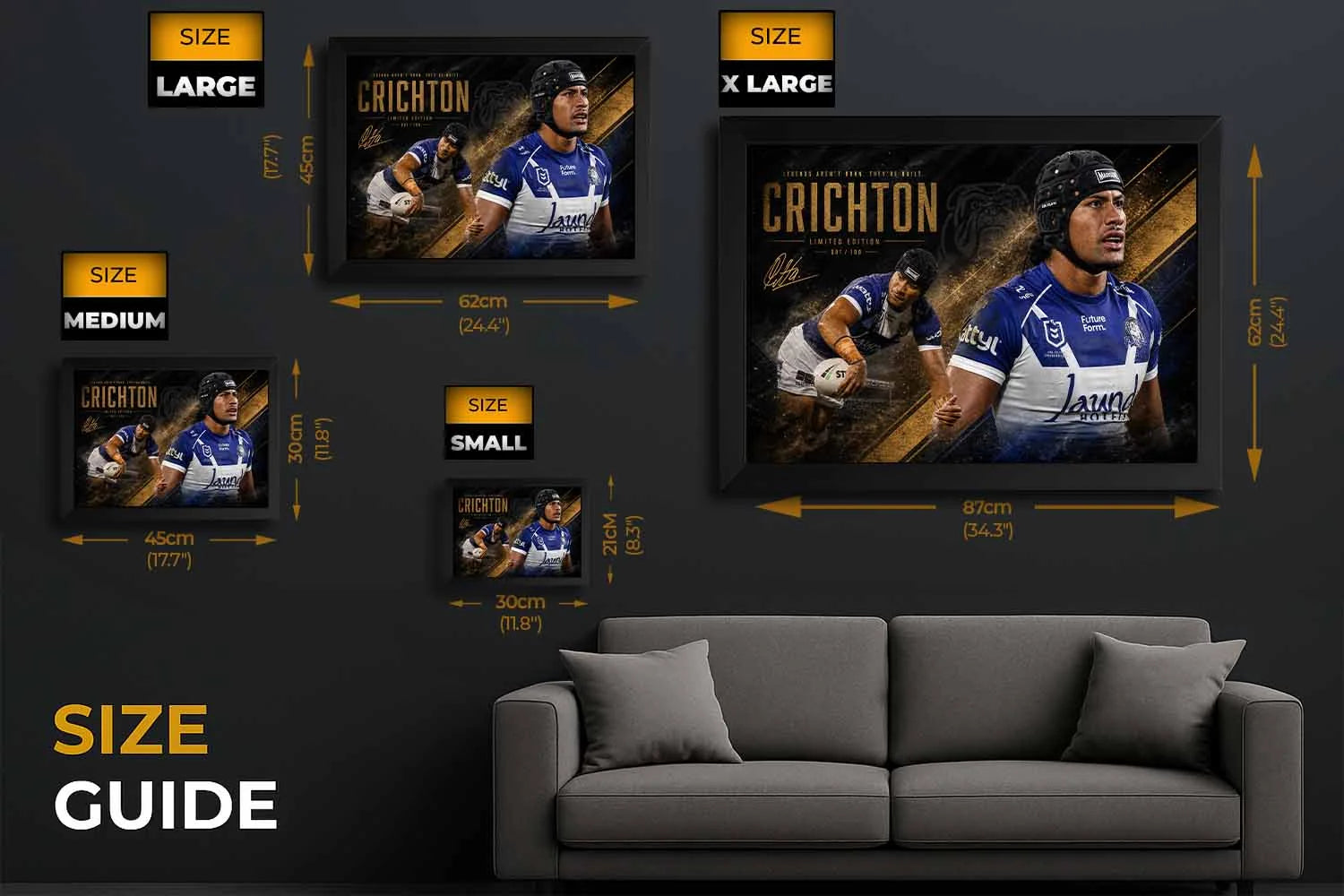 Stephen Crichton rugby size guide showing multiple frame dimensions, ideal for choosing perfect sports wall art fit