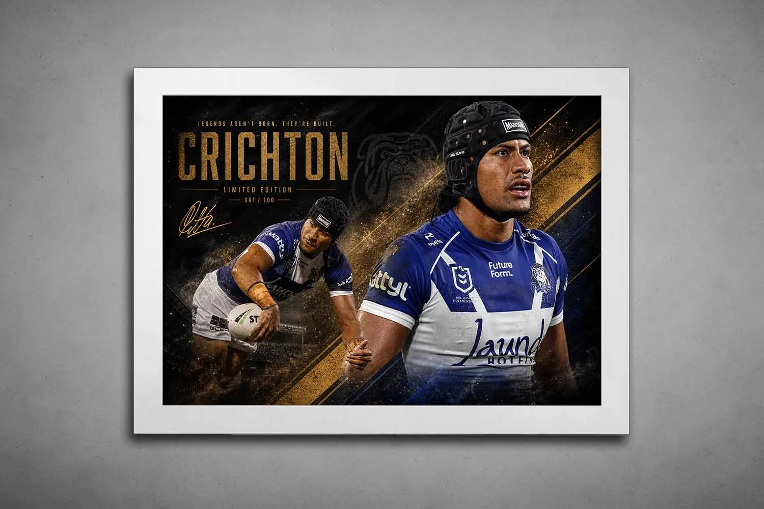 Stephen Crichton rugby framed sports memorabilia in white frame, clean contrast design suited for modern interiors