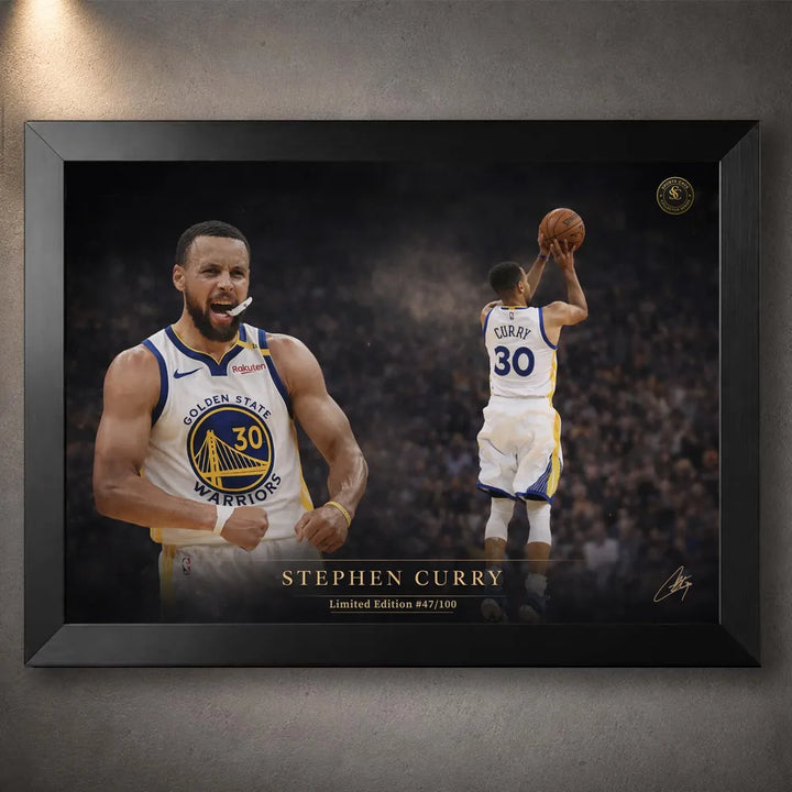 Stephen Curry Golden Legacy basketball wall art in a black frame against a textured grey display wall.