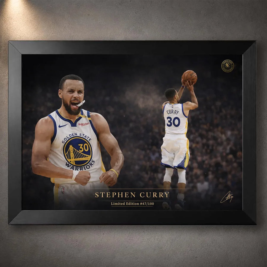 Stephen Curry Golden Legacy basketball wall art in a black frame against a textured grey display wall.