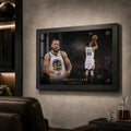 Stephen Curry framed basketball print displayed in a dark collector lounge with shelves and leather seating.