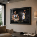 Black framed Stephen Curry basketball wall art displayed in a modern living room with neutral decor.